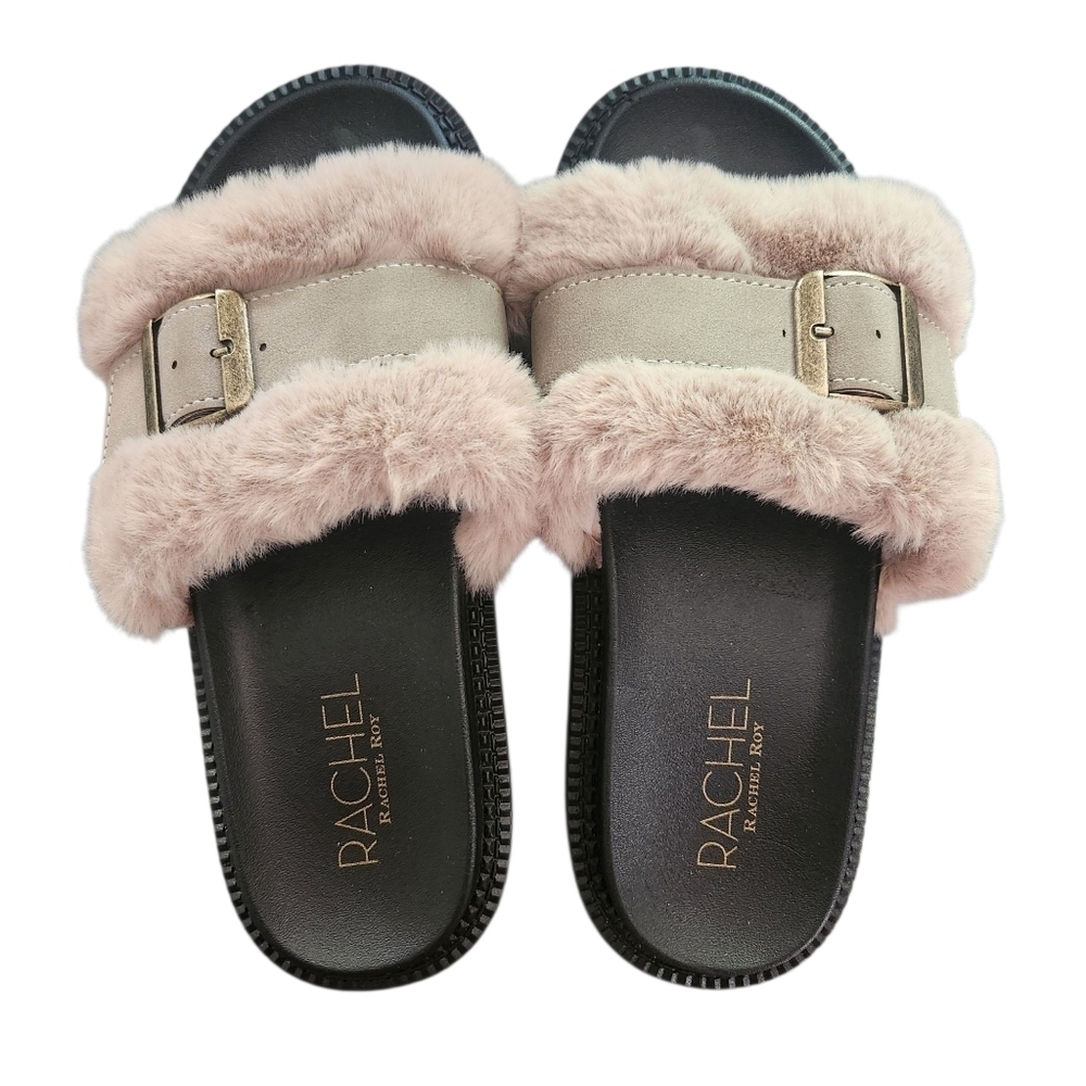 EUC RACHEL ROY FAUX FUR BUCKLE SLIDES SANDALS TAUPE BLUSH SZ6 - Picture 3 of 7